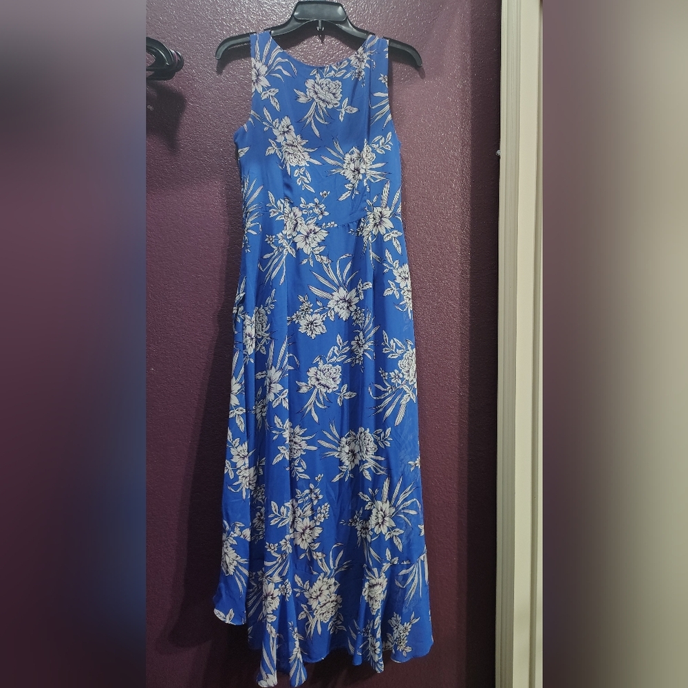 Sandra Darren Blue and White Halter Maxi Sundress